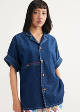 A Model Wearing Blue Cotton Denim Ocean Morning Sustainable Denim Blue Shirt, curated by Only Ethikal